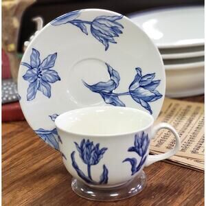 Vintage Royal Stafford of England Teacup and Saucer Blue and White Tulip Floral